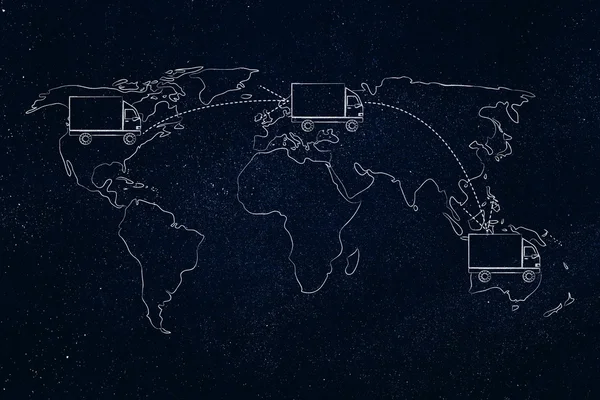 Verhuizers of bestelwagen verplaatsen boven de kaart van de wereld — Stockfoto