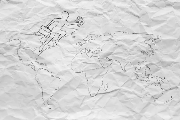 Geschäftsmann springt auf Weltkarte über Kontinente — Stockfoto