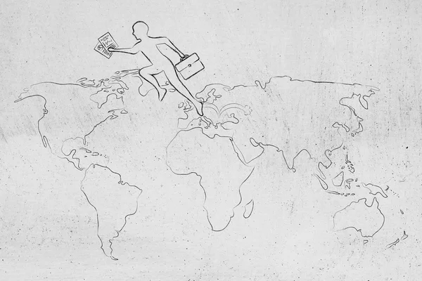 Hombre de negocios saltando a través de los continentes en el mapa del mundo — Foto de Stock