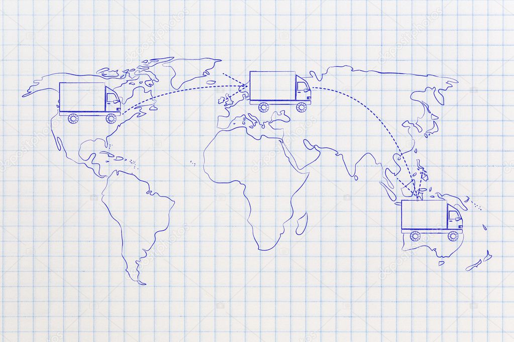 movers or delivery truck moving above map of the world