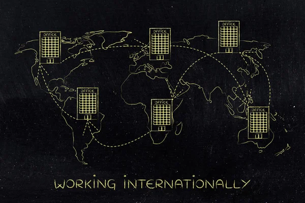 Gruppo di uffici internazionali collegati sulla mappa del mondo — Foto Stock