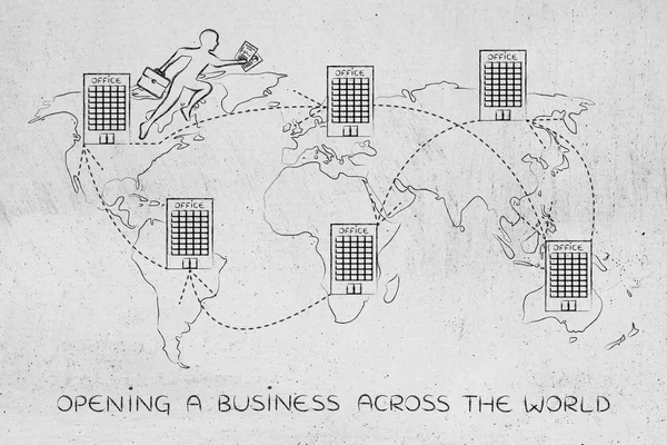 Zakelijke man jumpying tussen kantoren op de kaart van de wereld — Stockfoto