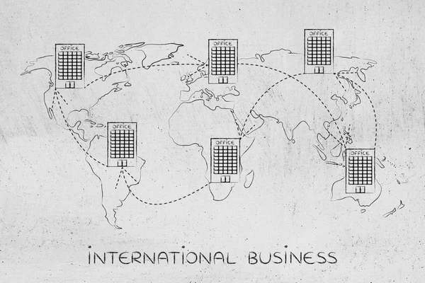 Groep van gekoppelde internationale kantoren op de kaart van de wereld — Stockfoto