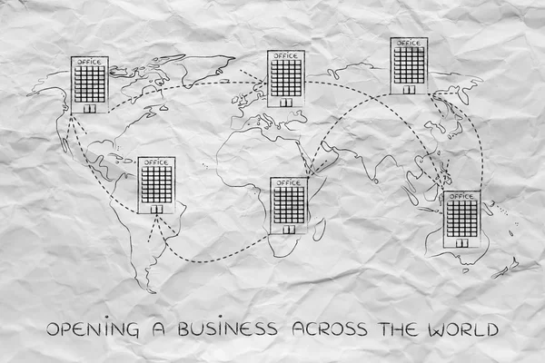Groep van gekoppelde internationale kantoren op de kaart van de wereld — Stockfoto