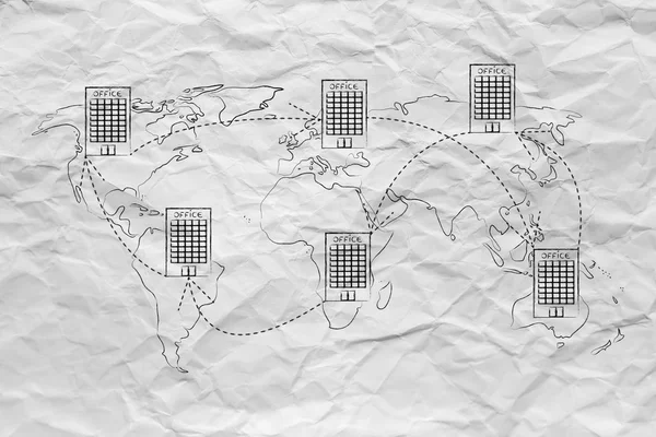 Grupo de oficinas internacionales vinculadas en el mapa del mundo — Foto de Stock