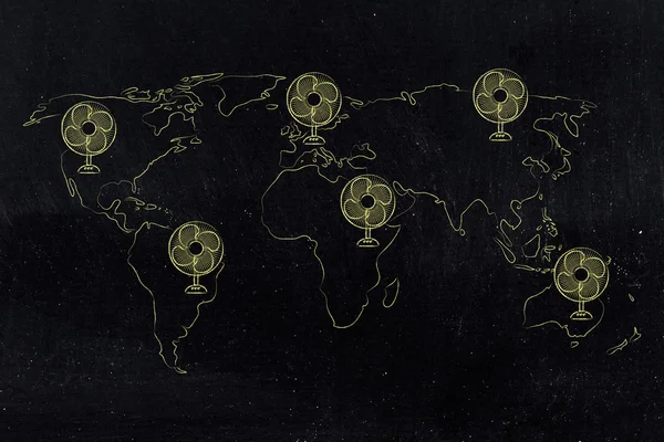 Globalne ocieplenie, mapa świata z śmieszne wentylatory elektryczne — Zdjęcie stockowe