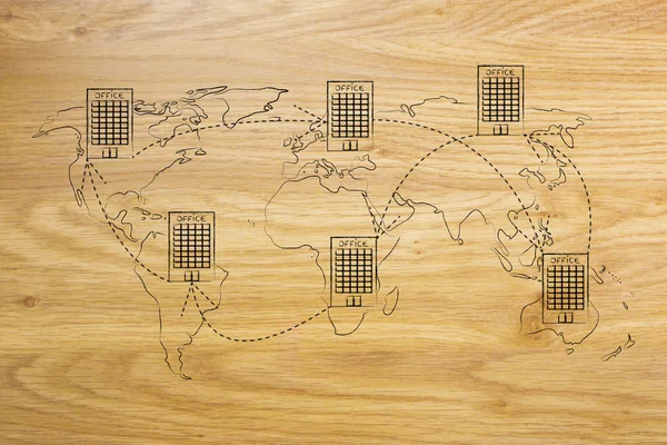 Grupo de escritórios internacionais ligados no mapa do mundo — Fotografia de Stock