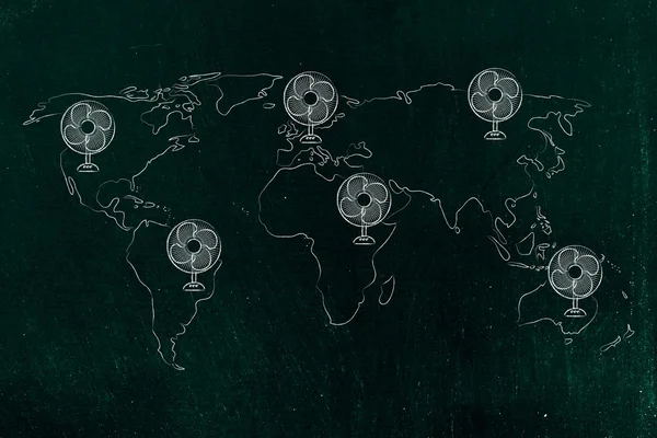 Küresel ısınma, komik elektrikli fanlar ile Dünya Haritası — Stok fotoğraf