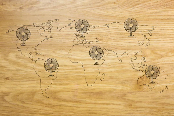 Global warming, world map with funny electric fans — Stock Photo, Image