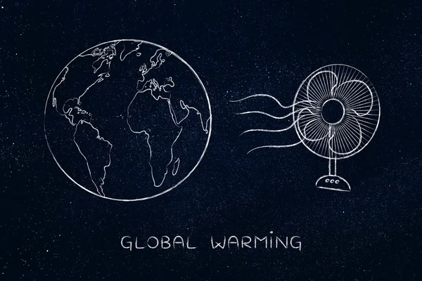 Globale Erwärmung, Planet Erde und lustiger Elektroventilator — Stockfoto