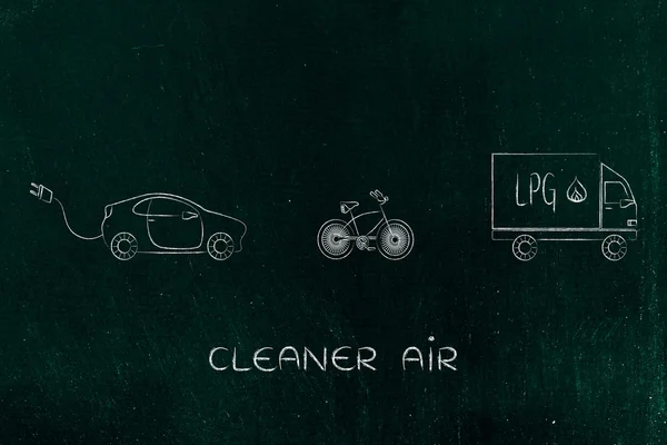 Sıfır emisyon vechicles: Bisiklet, lpg kamyon ve elektrikli otomobil — Stok fotoğraf