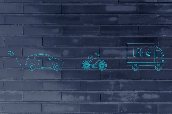 Noll utsläpp fordon: cykel, lpg lastbil och elbil — Stockfoto