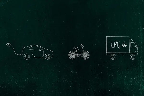 Zero Emission Vechicles: Fahrrad, LKW und Elektroauto — Stockfoto