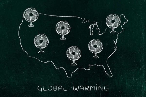 Calentamiento global, América y divertidos ventiladores eléctricos — Foto de Stock