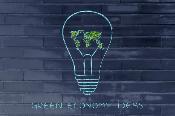 Žárovka s mapou světa vyrobené z listí, zelené ekonomiky i — Stock fotografie