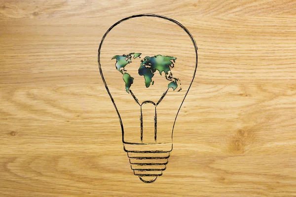 Žárovka s mapou světa vyrobené z listí, zelené ekonomiky i — Stock fotografie