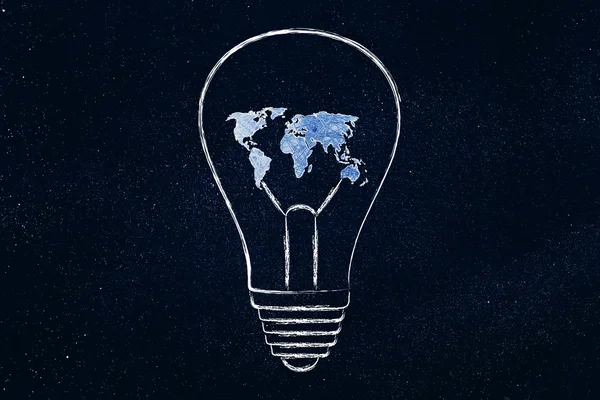 Lightbulb with map of the world made of wire, ideas for an hyper — Stock Photo, Image