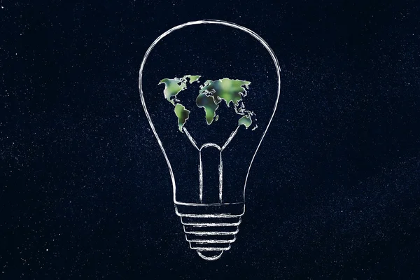 Lightbulb with map of the world made of leaves, green economy i — Stock Photo, Image