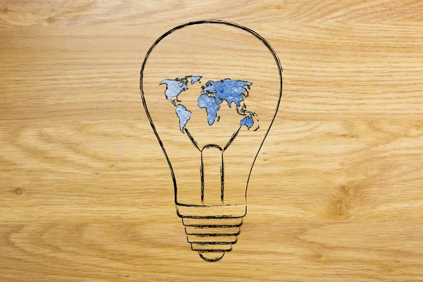 Lightbulb with map of the world made of wire, ideas for an hyper — Stock Photo, Image