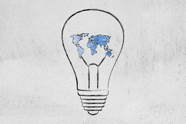 Lightbulb with map of the world made of wire, ideas for an hyper — Stock Photo, Image