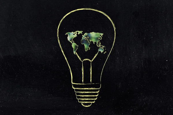 Lightbulb with map of the world made of leaves, green economy i — Stock Photo, Image