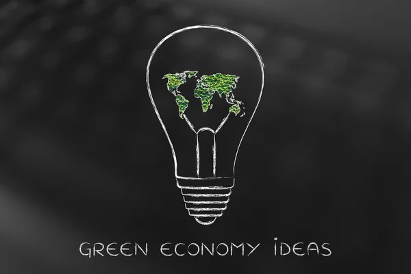 Gloeilamp met kaart van de wereld gemaakt van bladeren, groene economie ik — Stockfoto