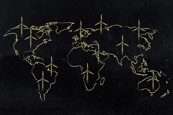 Mapa del mundo con turbina eólica por todas partes, economía verde —  Fotos de Stock