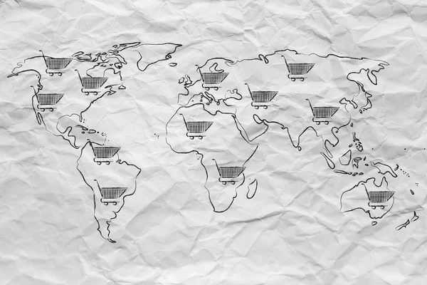 Mappa del mondo con carrello della spesa ovunque, marketing globale — Foto Stock