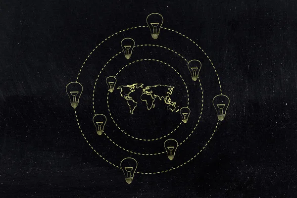 lightbulbs revolving around a map of the world