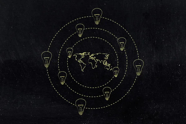 Bombillas que giran en torno a un mapa del mundo —  Fotos de Stock