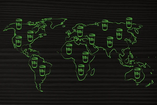 coffee tumblers all over a world map