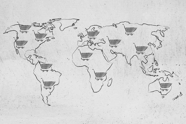Mapa do mundo com carrinho de compras em todo, marketing global — Fotografia de Stock
