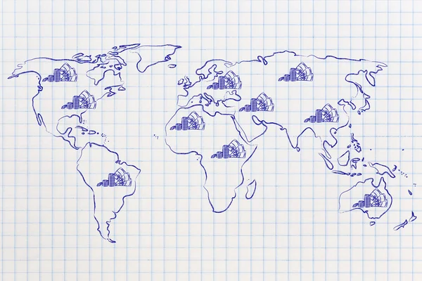 Karta över världen med kontanter, global finance & företagsvinster — Stockfoto