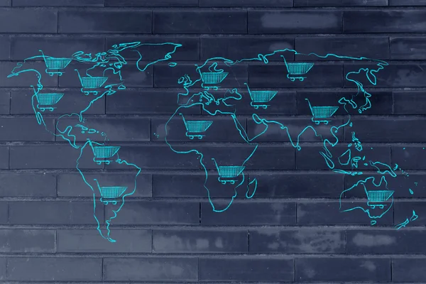 글로벌 마케팅 모두 쇼핑 바구니와 함께 세계의 지도 — 스톡 사진
