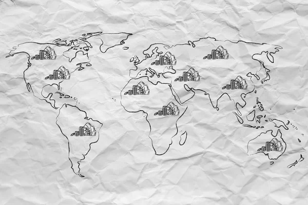 Mapa del mundo con dinero en efectivo, finanzas globales y beneficios corporativos —  Fotos de Stock