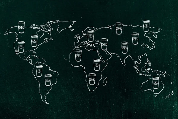 Coffee tumblers all over a world map — Stock Photo, Image