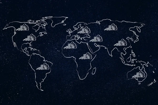 Mapa del mundo con dinero en efectivo, finanzas globales y beneficios corporativos —  Fotos de Stock