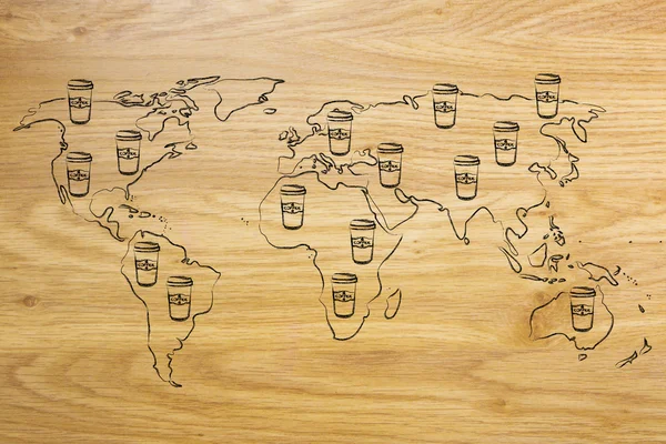 Coffee tumblers all over a world map — Stock Photo, Image