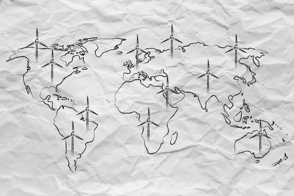 Mapa del mundo con turbina eólica por todas partes, economía verde — Foto de Stock