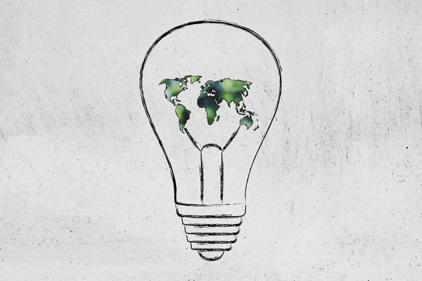 Lightbulb with map of the world made of leaves, green economy i — Stock Photo, Image