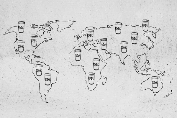Coffee tumblers all over a world map — Stock Photo, Image