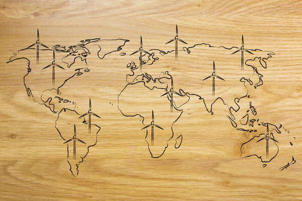 map of the world with wind turbine all over, green economy