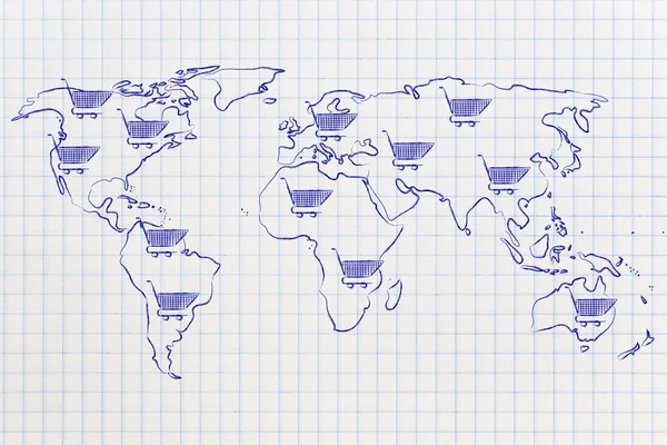Mapa del mundo con carrito de compras por todas partes, marketing global —  Fotos de Stock