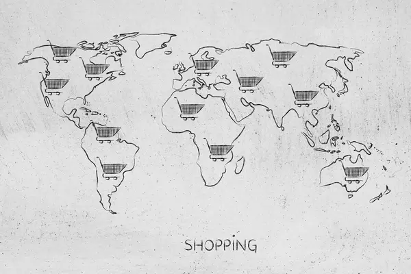 Mapa del mundo con carrito de compras por todas partes, marketing global —  Fotos de Stock