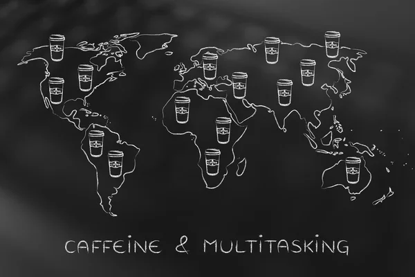 Vasos de café en todo un mapa del mundo — Foto de Stock