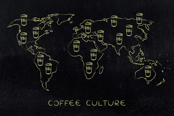 Bicchieri di caffè in tutta una mappa del mondo — Foto Stock