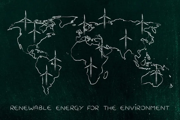 Weltkarte mit Windkraftanlagen überall, grüne Wirtschaft — Stockfoto