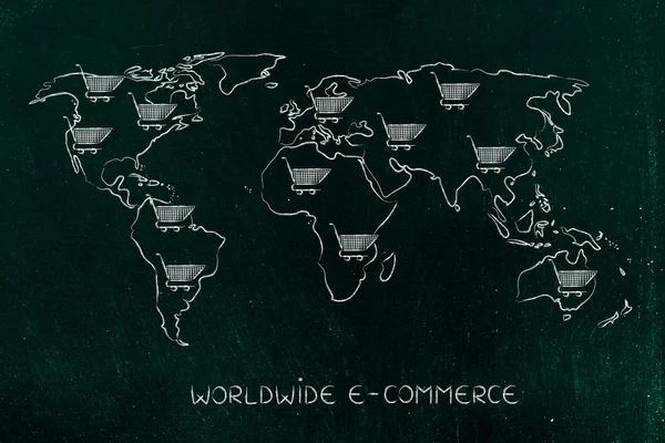Карта мира с корзиной по всему миру, глобальный маркетинг — стоковое фото