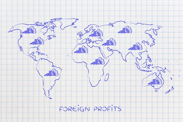 Kaart van de wereld met contant geld, mondiale financiële & bedrijfswinsten — Stockfoto