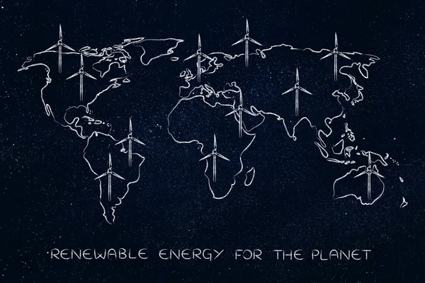Карта мира с ветряными турбинами по всему миру, зеленая экономика — стоковое фото